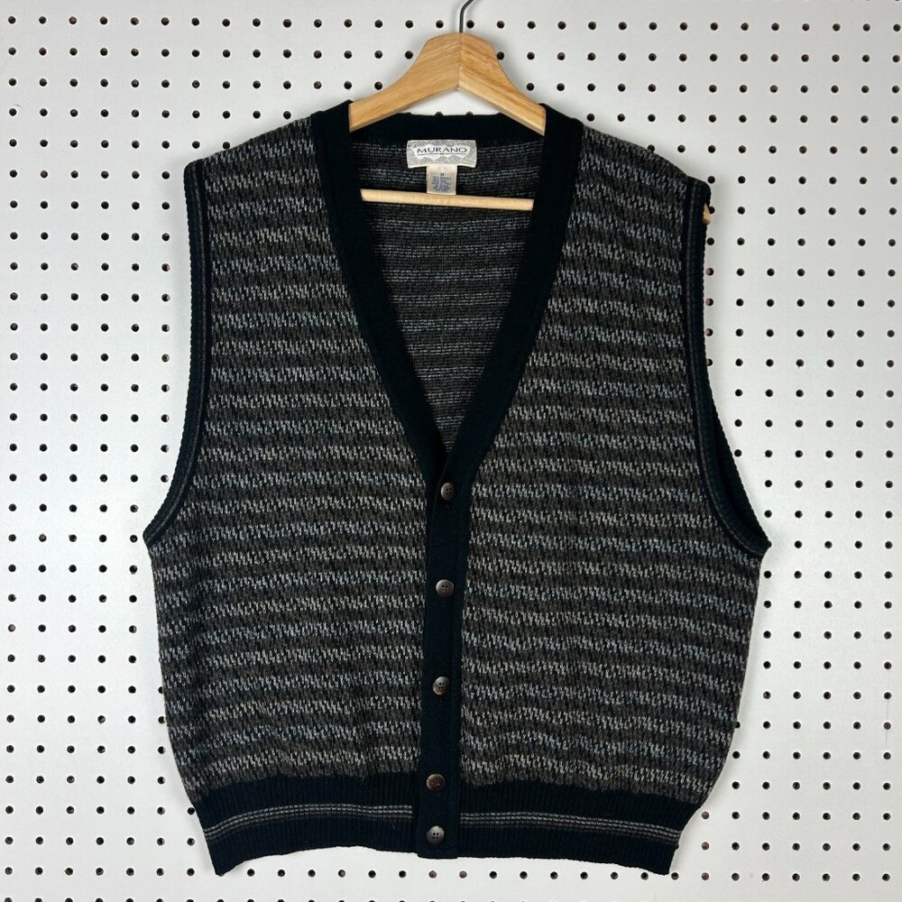 Murano Knit Sweater Vest Size Medium Black Brown Striped Grandpa 90s Button Y2K